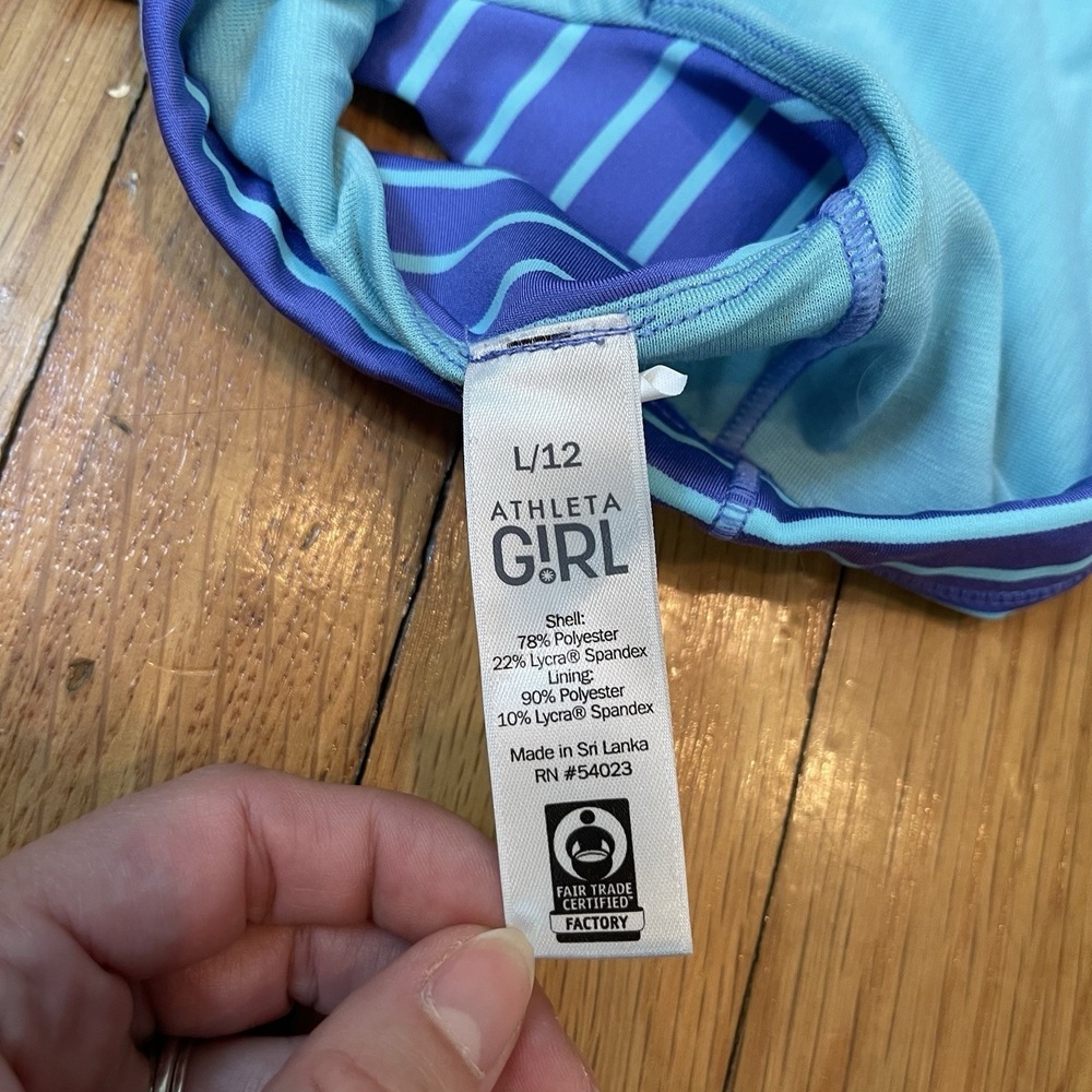 Athleta Girl Sports Bra Size Large 12 Blue Striped Cross Back Stretchy Soft - Picture 4 of 4